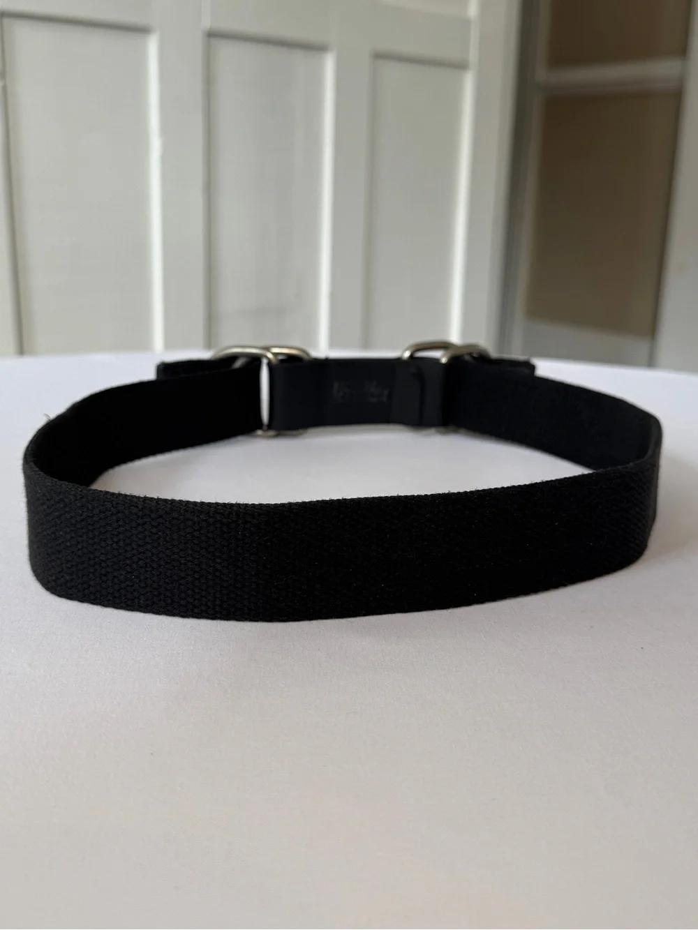 Norma Kamali Wide Double D-Ring Web Belt Black Leather Fabric Silver Buckle S